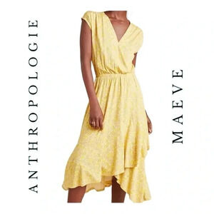 1496. ANTHROPOLOGIE‎ MAEVE FETE YELLOW FAUX WRAP MIDI LENGTH DRESS SIZE MEDIUM